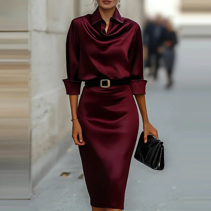 Fashionable satin high-end long sleeved dress with a casual temperament cinched waist and slimming effect new spring dresses