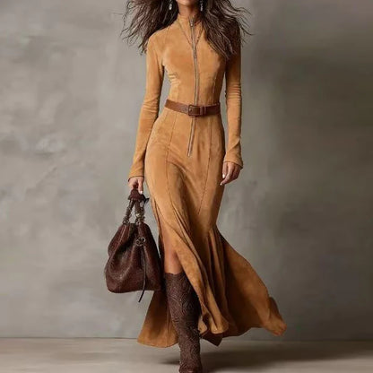 Stand Collar Zipper Patchwork Maxi Dress, Spring Autumn Women Long Sleeve Chic Party Dress, Elegant Simple Ladies Dress Vestidos