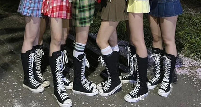 2025 New High Top Canvas Shoes for Women's Korean Edition Long Boot Lace-Up Zipper Comfortable Boot Zapatos De Mujer Tendencia