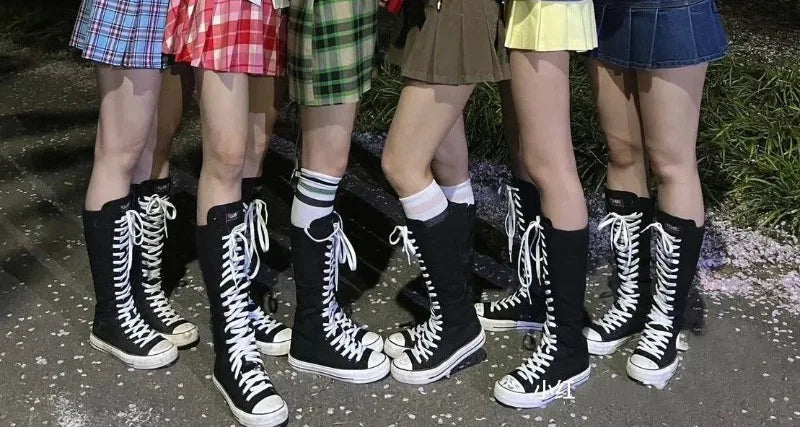 2025 New High Top Canvas Shoes for Women's Korean Edition Long Boot Lace-Up Zipper Comfortable Boot Zapatos De Mujer Tendencia