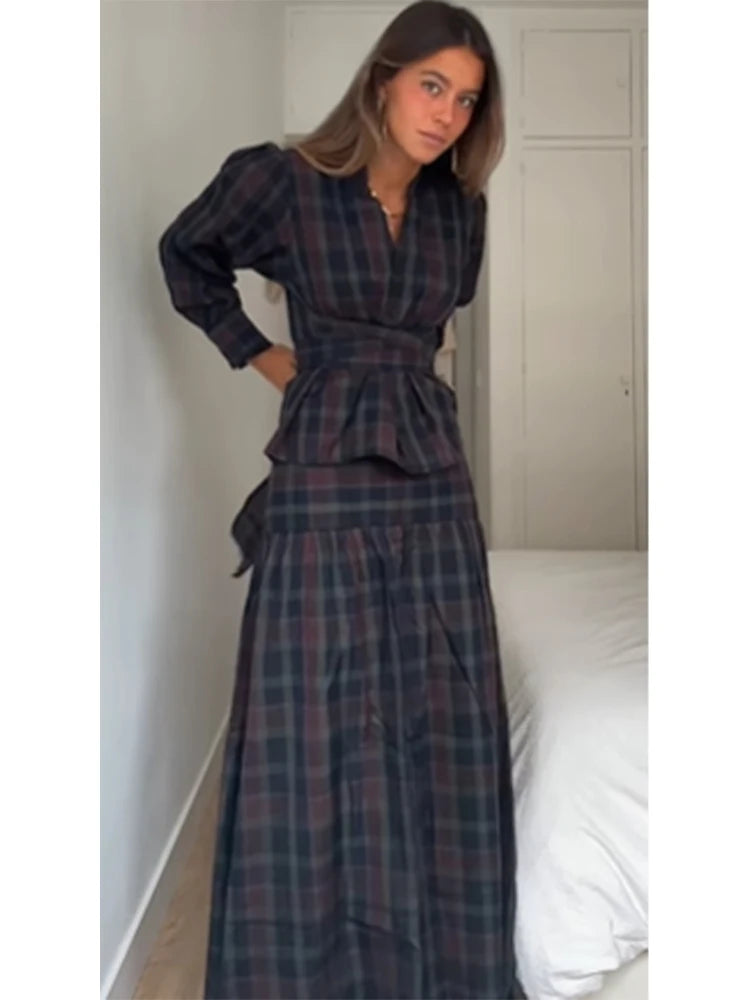 Casual Lace Up Pleated Checkered Set Women Elegant Full Lantern Sleeve Coat Long Skirt Sets Lady Daily Commute Office outfits