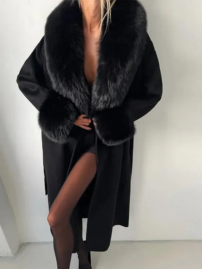 Elegant Fur Patchwork Woolen Coat Women Chic Full Sleeve V-neck Lace Up Loose Long Overcoat 2025 Lady Winter Commute Outwear