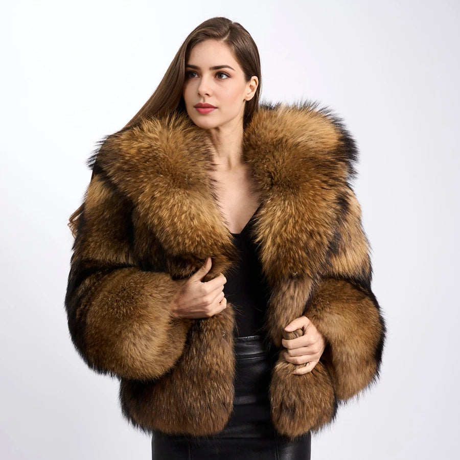 Genuine Raccoon Fur Coat With Hood Women's Winter Jacket Real Full Skin Raccoon Fur Jacket High Quality Natural Fur Jacket
