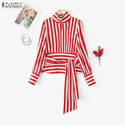 ZANZEA Women Stylish Tie Waist Striped Blouses 2025 Autumn Fashion Long Sleeve Cutout Turtleneck Tops Woman Clothing Streetwear