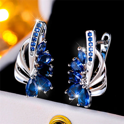 Luxury Female Blue Green Clip Earrings Charm Gold Color Trendy Zircon Stone Wedding Jewelry For Women | Kimlud Luxury Jewelry
