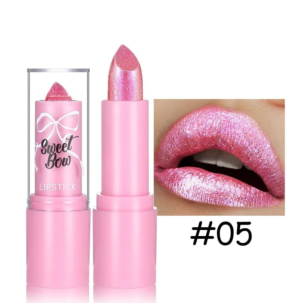 Rose Metallic Lipstick Glitter Lip Glaze Waterproof Long Lasting Moisturize Bright Red Pearlescent Shiny Lipgloss Makeup 6color