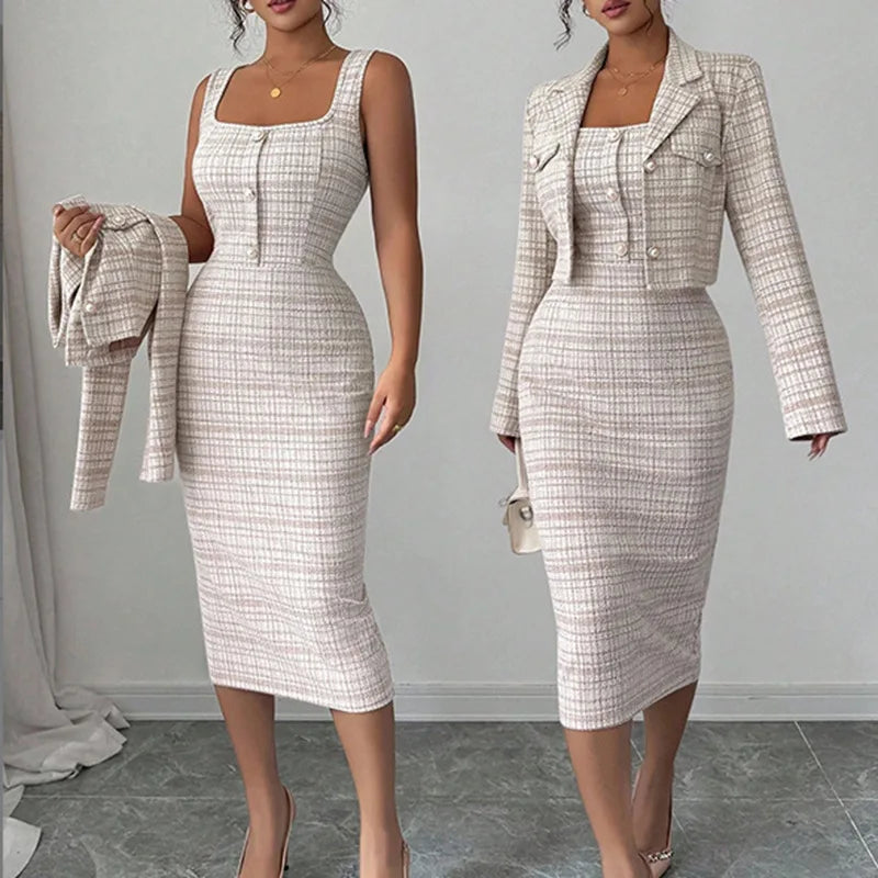 2026 European and American Two-Piece Dress Set with Reversible Collar, Long Sleeves, Short Length, Check Pattern Jacket, and Pet