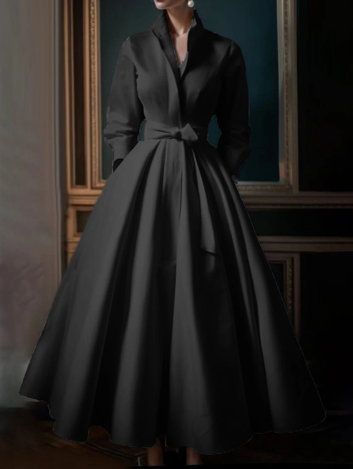 Women Elegant Shirt Dress Long Sleeve Stand Collar White Minimalist A-Line Pleated Wedding Guest Long Dresses with Blet...