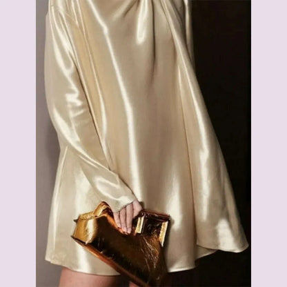 Bonboho Women's Elegant Dress High Neck Long Sleeves Pleated Dress 2025 Summer New Champagne Above Knee Evening Dresses