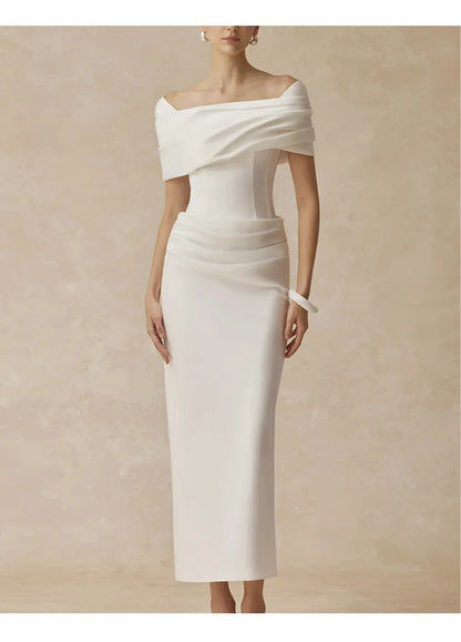 French Elegant Temperament Off-shoulder Short Sleeves High Waist Bodycon White Evening Party Long Dress for Women 2026...