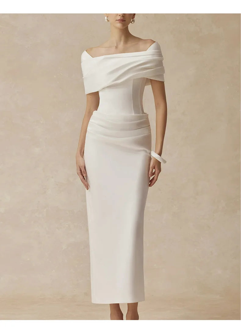 French Elegant Temperament Off-shoulder Short Sleeves High Waist Bodycon White Evening Party Long Dress for Women 2026...