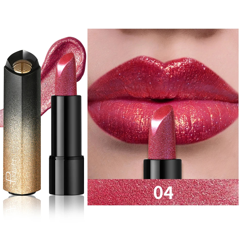 Pudaier Pearly Metallic Shimmer Lipstick, Glitter Shine Finish, Creamy Smooth Texture, High Pigment Party Makeup