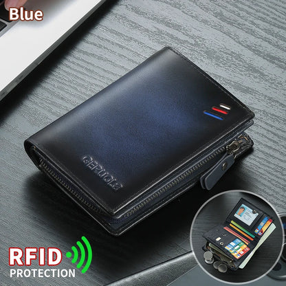 Men’s genuine leather wallet with zipped coin pocket, top-grain cowhide RFID-protected credit card holder | Kimlud Mid...