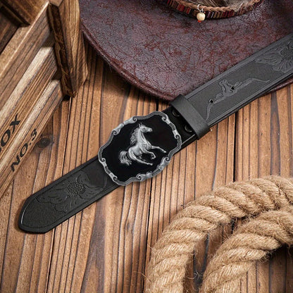 Western men's denim belt, retro belt, wild horse buckle, hip-hop personality, retro style, unisex matching with jeans/casual pan