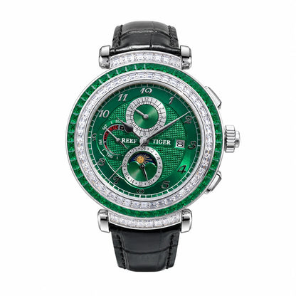 Reef Tiger Luxury Men's Automatic Mechanical Watch Green Dial Moon Phase Date Genuine Leather Strap Waterproof Dress...