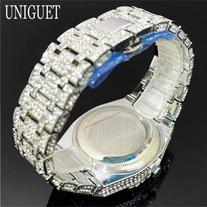 UNIGUET Fashion Iced Out Silver Mens Watch Luxury Calendar Waterproof Watch For Man Hip Hop High Quality Big Diamond Wristwatch