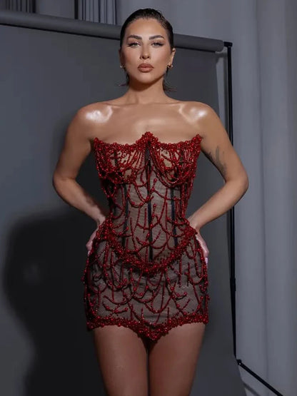 VC Glamorous Fashion Strapless Red Beaded Mesh Through Mini Sexy Dress with Corset for Club and Evening Party