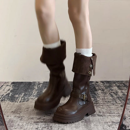 Winter Vintage Platform Thick Sole Woman Knight High Boots Concise Belt Buckle Front zipper Shoes Ladies Slim Modern Long Botas