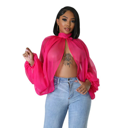 Women See Through Sheer Chiffon Blouse Sexy Front Back Open High Neck Self Tie Shawl Casual Shirts Y2K Night Club Party Tops