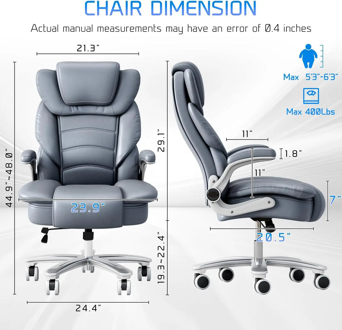 Office Chair 400lb Wide Seat, Ergonomic High Back Leather Executive Desk Chair with Flip-up Arms, Gray/Blue | Kimlud...
