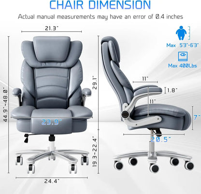 Office Chair 400lb Wide Seat, Ergonomic High Back Leather Executive Desk Chair with Flip-up Arms, Gray/Blue | Kimlud...