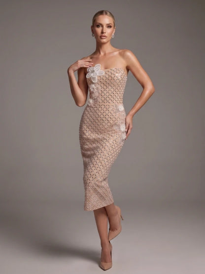 Sexy Strapless Luxury Diamonds Floral Sequined Midi Dress Women Apricot Sleeveless Backless Crystal Dresses Evening...