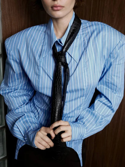 DFDG Women 2026 Spring Summer Striped Blouse Pointed Collar Long Sleeve Ruched Waist Asymmetrical Hem Elegant Office Shirt - Kimlud
