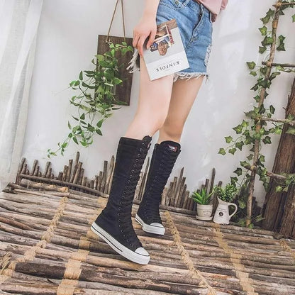 2025 New High Top Canvas Shoes for Women's Korean Edition Long Boot Lace-Up Zipper Comfortable Boot Zapatos De Mujer Tendencia