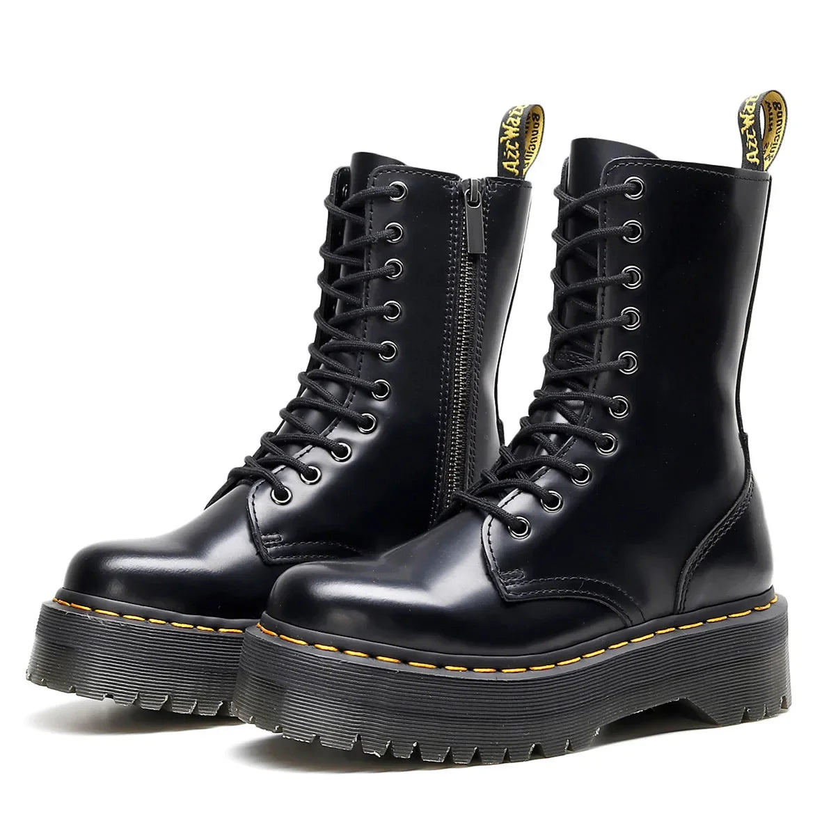 Women's Motorcycle Boots 10 Holes Thick Bottom Side Zipper British Style Long Booties Flatform Work Boots round Toe Mid Heel