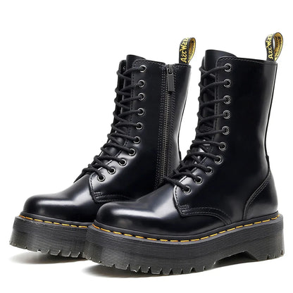 Women's Motorcycle Boots 10 Holes Thick Bottom Side Zipper British Style Long Booties Flatform Work Boots round Toe Mid Heel