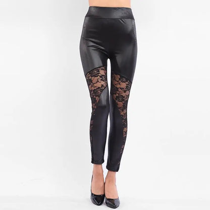 Lace Leather Patchwork Crop Pants Leggings Breathable Skin-Friendly Pure Color Women's Base Layer Pants Winter Collection - Kimlud