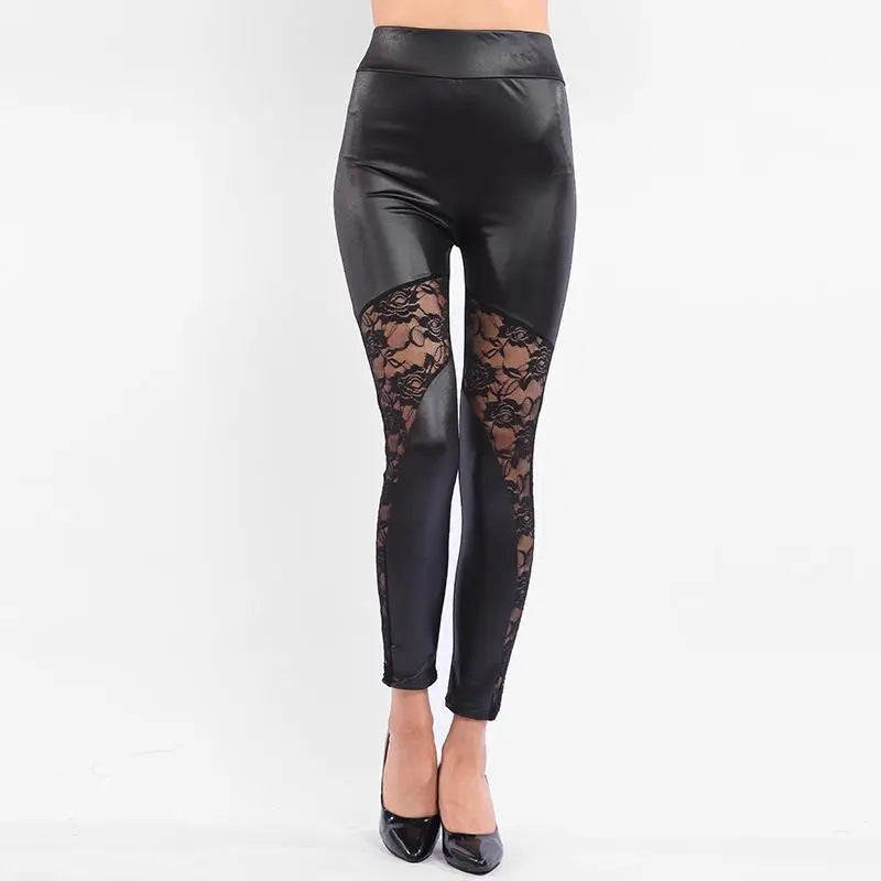 Lace Leather Patchwork Crop Pants Leggings Breathable Skin-Friendly Pure Color Women's Base Layer Pants Winter Collection - Kimlud