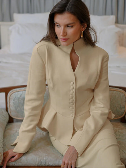 Weird Puss Elegant Office 2-Piece Set Women Classic Autumn trend Single Breasted Ruffled Jacket+Peach Hip Mid Skirt Slim Outfits