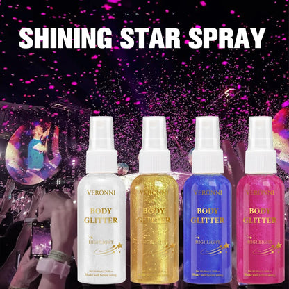 4 color Shiny Glitter Spray Cosmetics,Liquid Full Body Glow Body Highlighter,Waterproof Long Lasting Face,Body Hair Spray Makeup