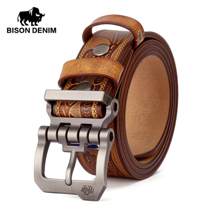 BISON DENIM Genuine Leather Men Belt Vintage High Quality Waist Strap Luxury Pin Buckle Male Best Gift Casual Belts for...