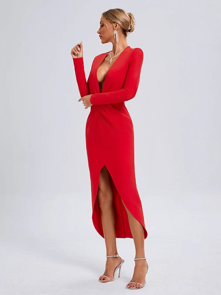 VC Sexy Red Deep V Plunge Long Sleeves Ruched Bandage Dress Women Pleated Bodycon Maxi Long Evening Party Club Gown