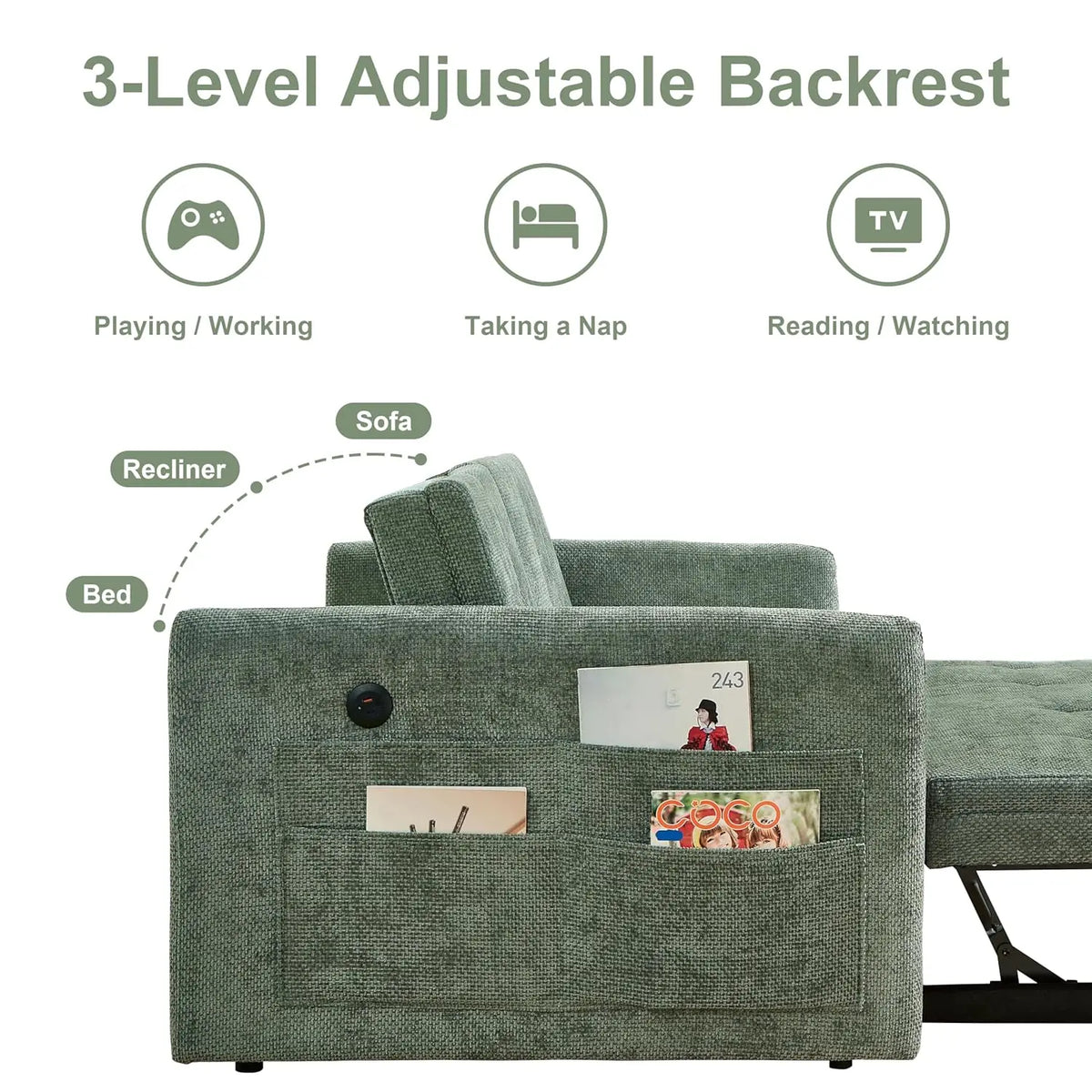 57.48" Convertible Sofa Bed with Cup Holder, Pull Out Sleeper Sofa Bed with USB Charging Ports, 3 in 1 Convertible, Customized
