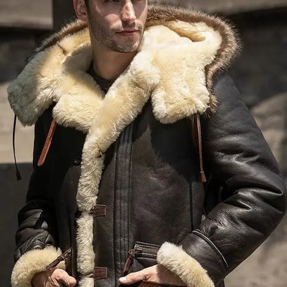 Winter Men Original Fur Coat Mid-length Thickened Sheepskin Leather Coat Bomber Hooded Wool Lining Warm Snow Men's Clothing