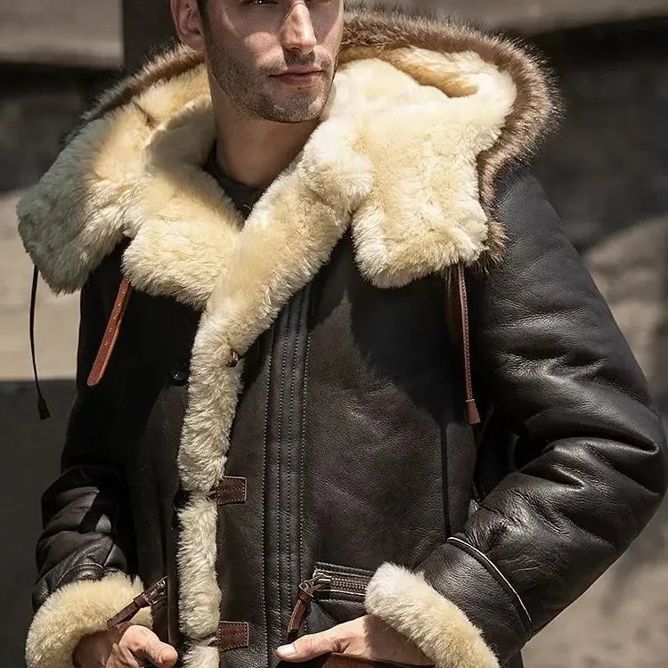 Winter Men Original Fur Coat Mid-length Thickened Sheepskin Leather Coat Bomber Hooded Wool Lining Warm Snow Men's Clothing
