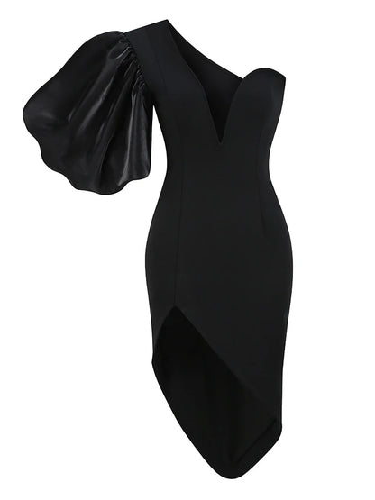 Sexy One Shoulder Puff Short Sleeve Deep V Midi Dress Women Black Sleeveless Split Bodycon Dresses Elegant Evening Party Gowns