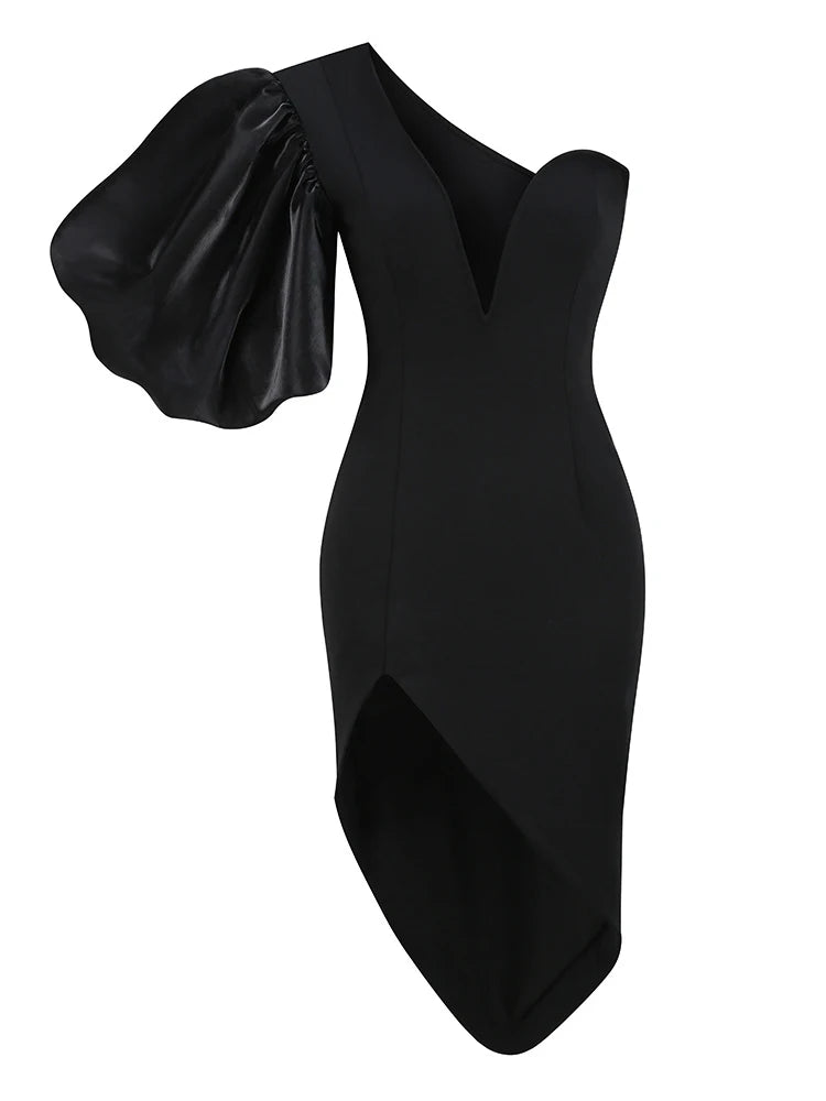 Sexy One Shoulder Puff Short Sleeve Deep V Midi Dress Women Black Sleeveless Split Bodycon Dresses Elegant Evening Party Gowns