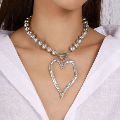 Exaggerated Hollow Big Heart Pendant Necklace for Women Girls CCB Ball Beads Necklace Party Club Punk Jewelry Gifts