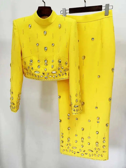 TWOTWINSTYLE Solid Spliced Diamonds Two Piece Set For Women Stand Collar Long Sleeve Tops High Waist A Line Skirt Set Female New