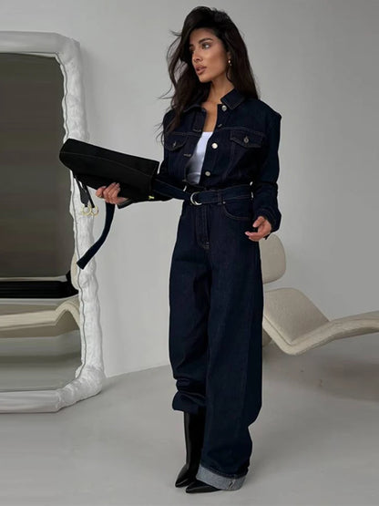 Chic Denim Women's Jumpsuit Turn-Down Collar Lace Up Full Sleeve Lady Long Jumpsuits 2026 Spring Casual Female Streetwear - Kimlud