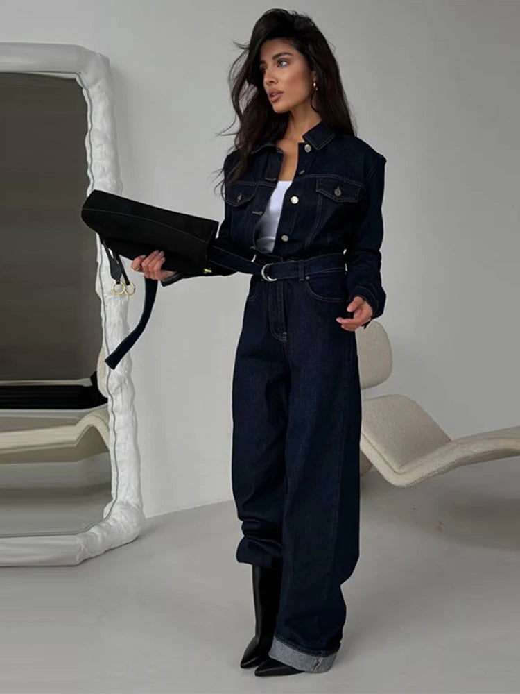 Chic Denim Women's Jumpsuit Turn-Down Collar Lace Up Full Sleeve Lady Long Jumpsuits 2026 Spring Casual Female Streetwear - Kimlud