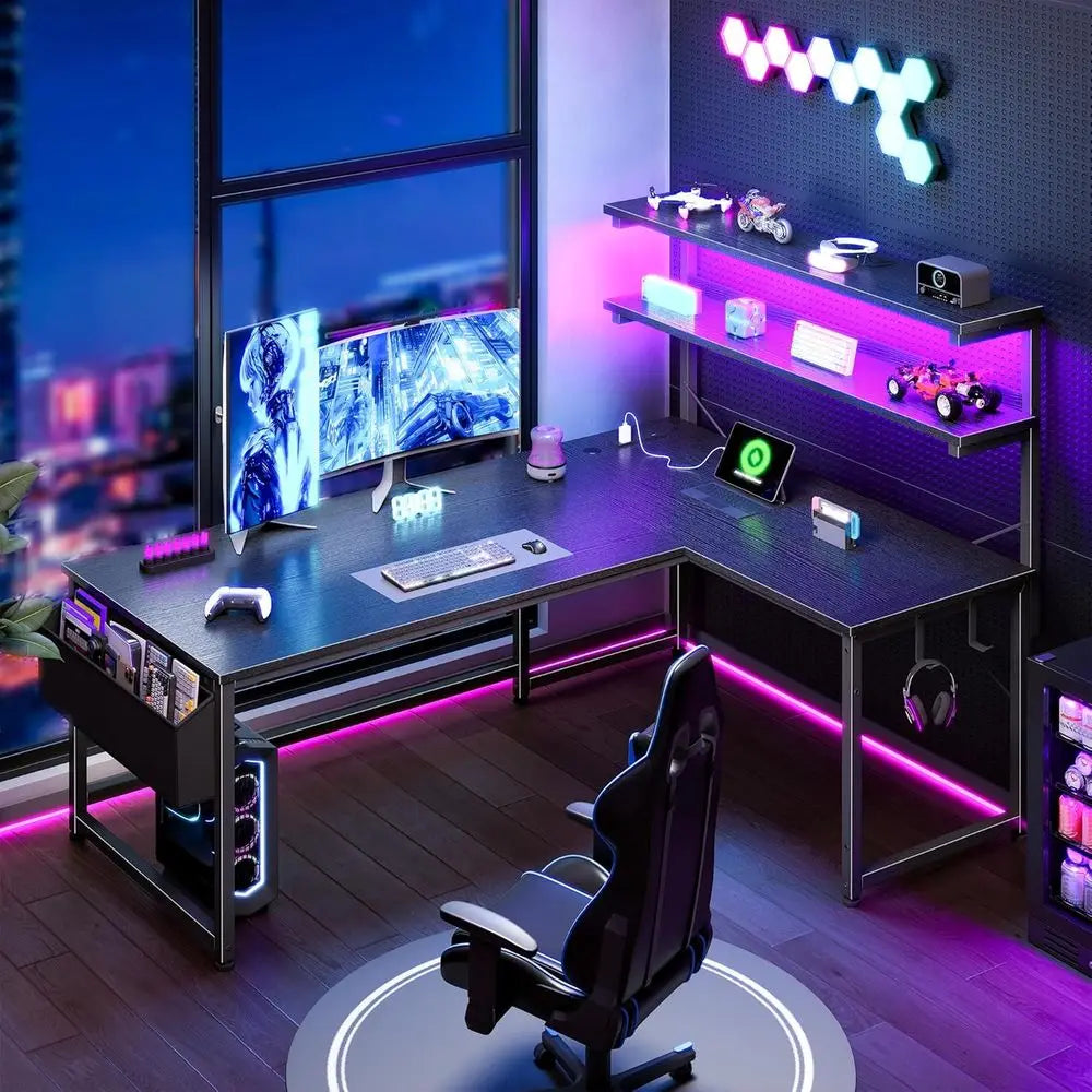 LED-lit 43.3 L-Shaped Gaming Desk with Power Outlet, Storage, and Hook for Home or Office | Kimlud Luxury Home