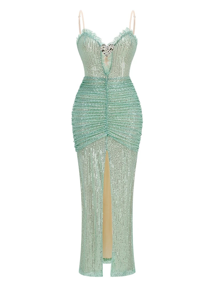 Sexy Sleeeelsss Spaghetti Strap Hollow Out Lace Patchwork Long Dress Women Elegant Sequined Ruched Split Evening Party...