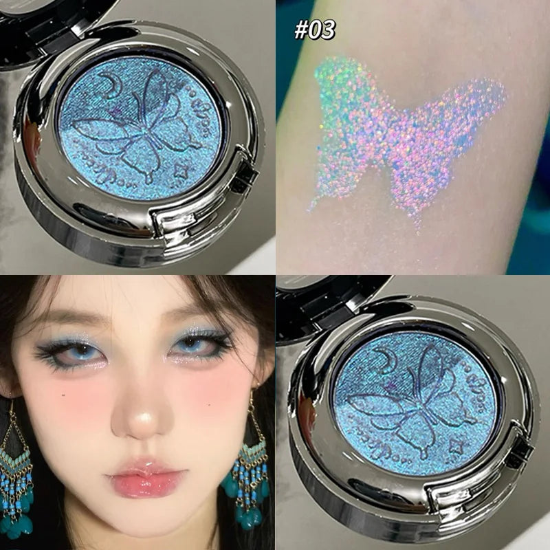 3D Butterfly Embossing Chameleon Eyeshadow Monochrome Metallic Changing Shiny Glitter Blue Purple Highlight Eye Makeup...