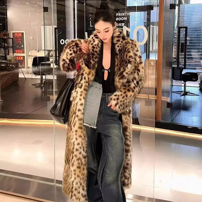 Luxury Vintage Harajuku Leopard Print Long Faux Fur Coat Women's Warm Winter Fur Trench Coat Thick Lapel Trendy Long Jacket Chic