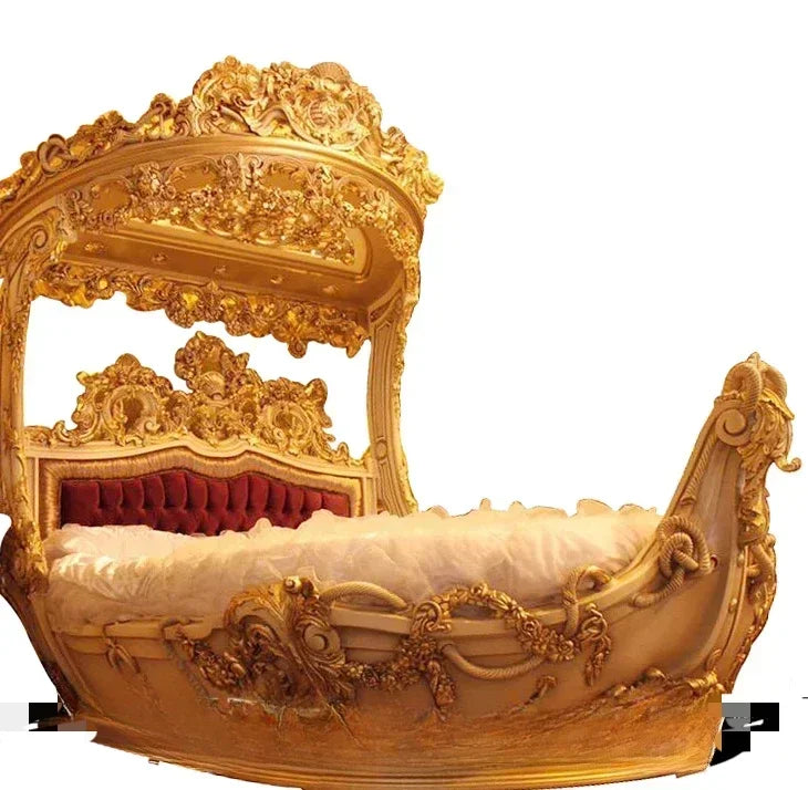 European-Style Wood Carved Double Bed Luxury Boat Style French Fabric Princess Villa Bedroom Furniture Bedroom Set Muebles - Kimlud